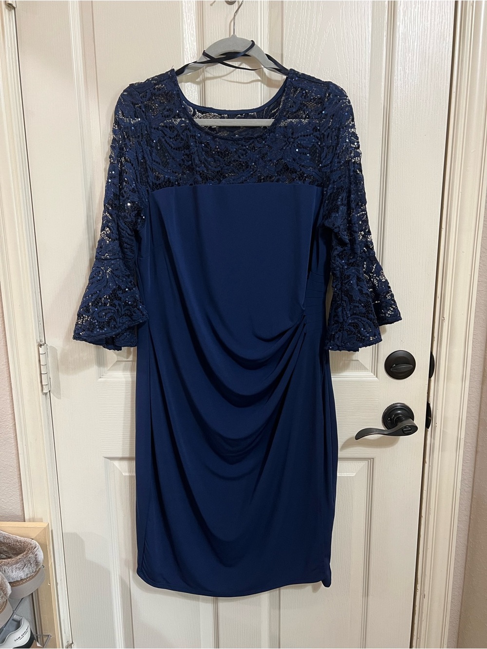 Neiman Marcus Navy Lace & Sequin Draped Midi Dress